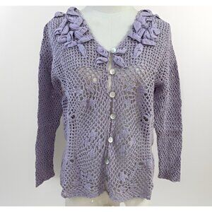 Modern Soul Women's Crochet Cardigan Size 1X Lilac Open Knit Ribbon Cottagecore